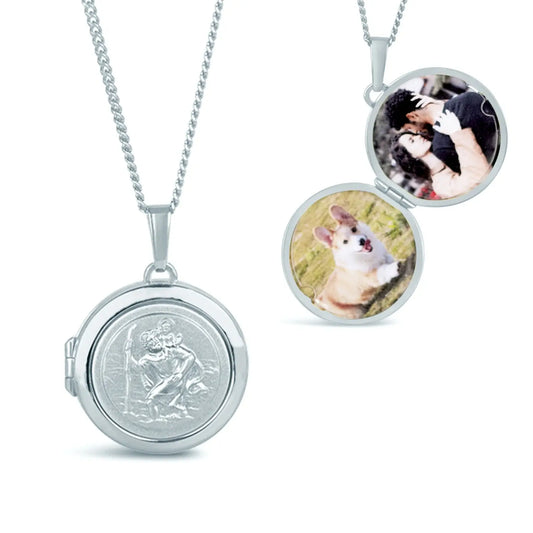 image of st Christopher locket in silver showing both the front locket and the inside of the locket with photos inside on a white background