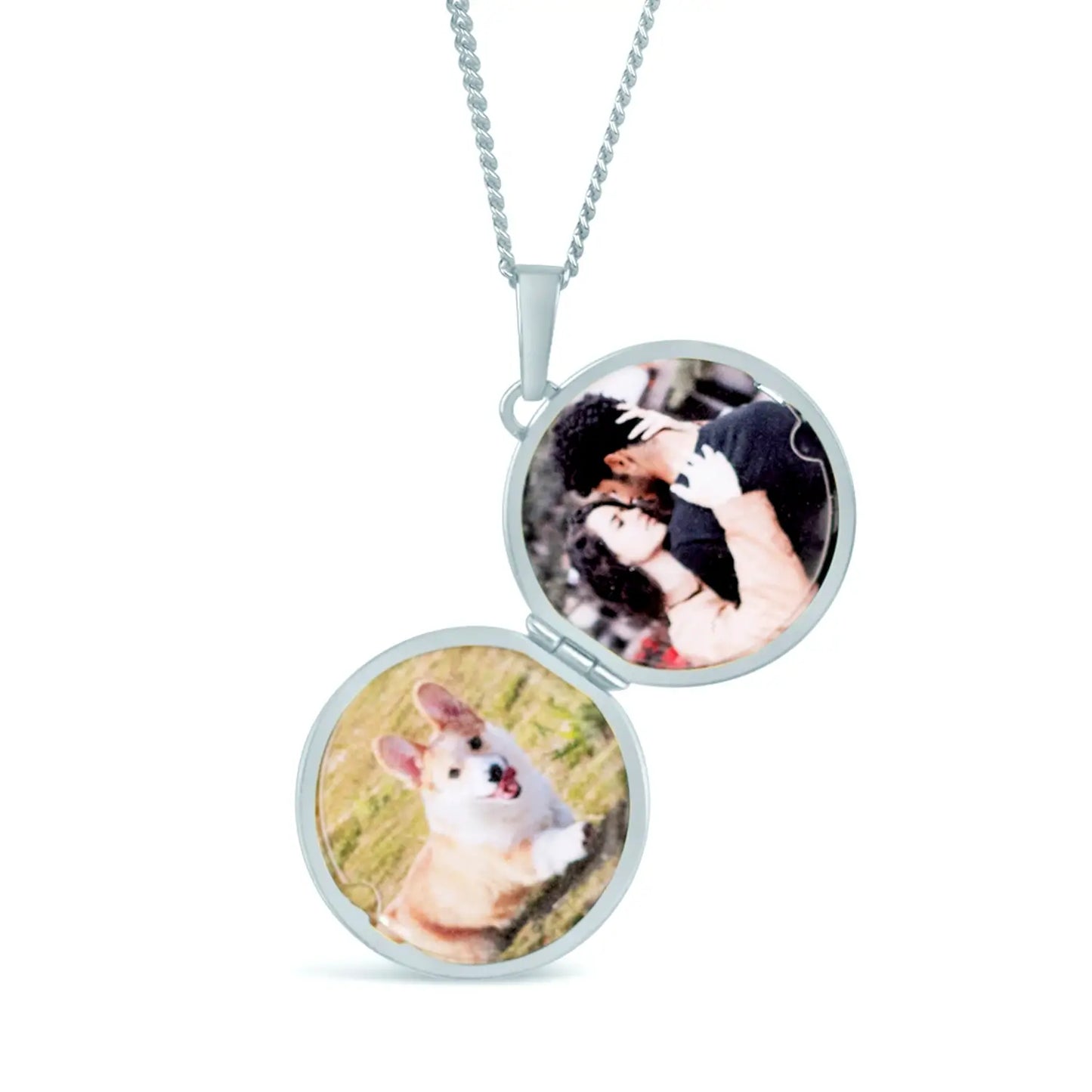 image of a silver and gold st Christopher locket, the locket is open and shows two photos inside. The locket is on a white background
