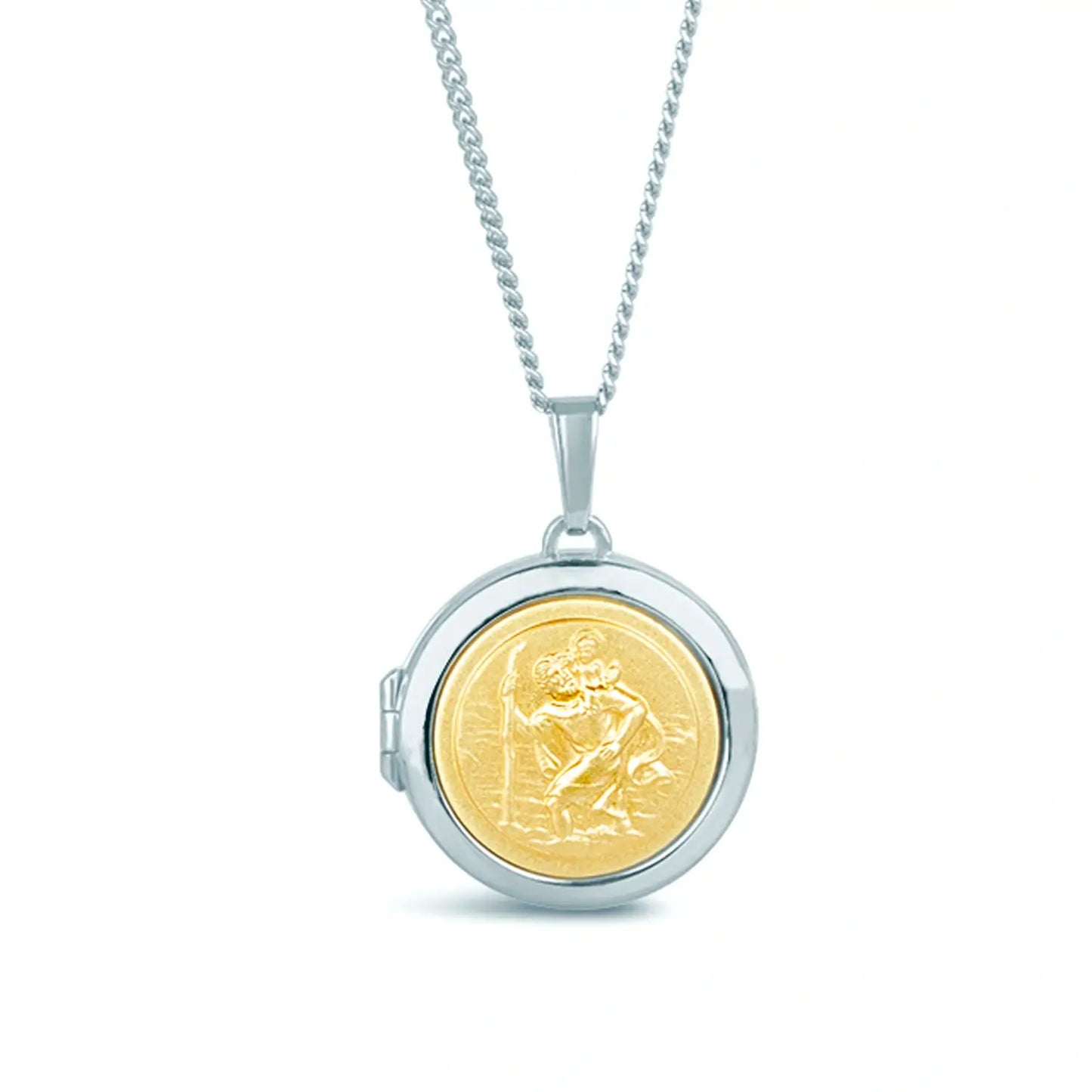 image of a silver and gold st Christopher locket from the front hanging on a silver chain and on a white background