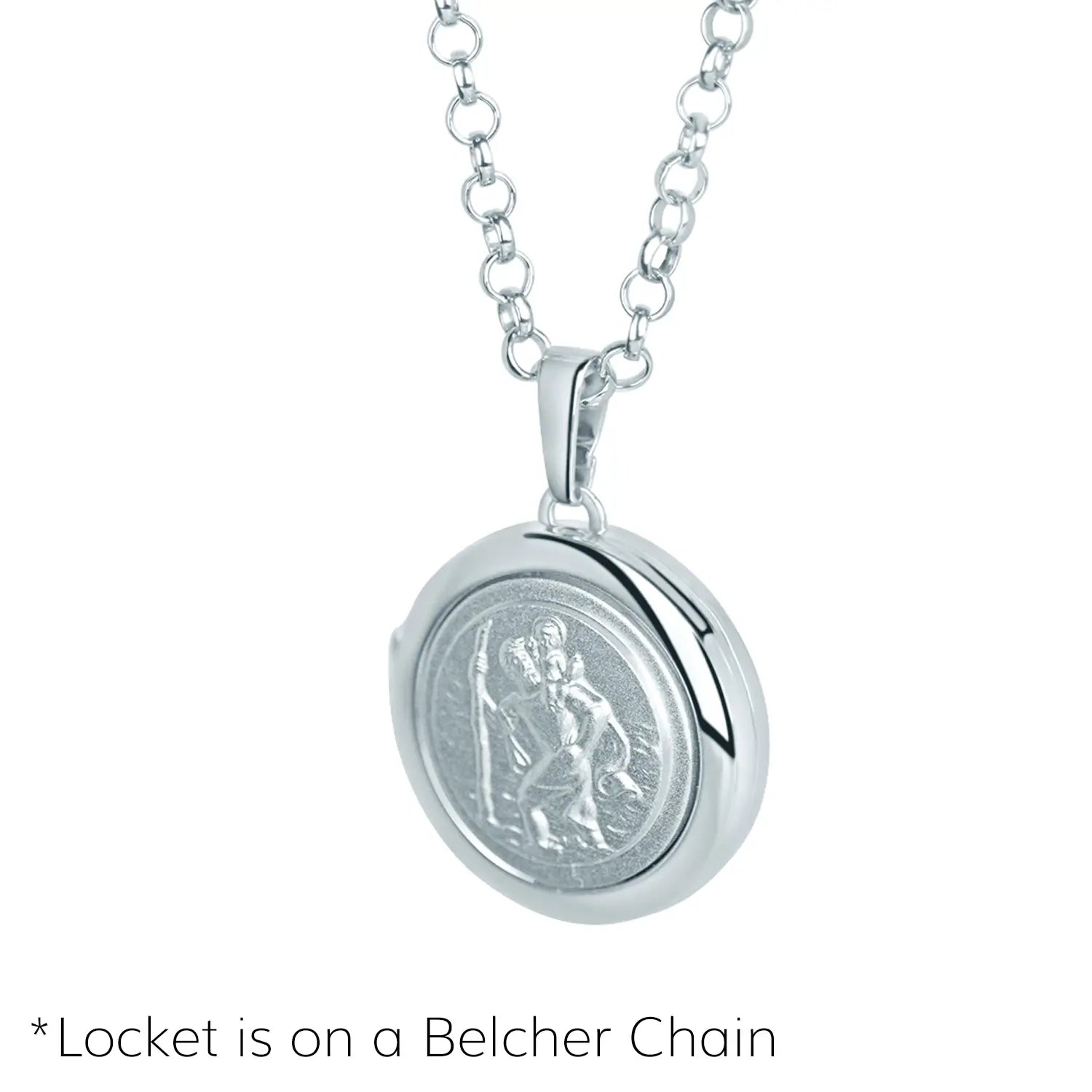 image of st christopher locket in silver showing the front of the locket on a white background and hanging on a belcher chain