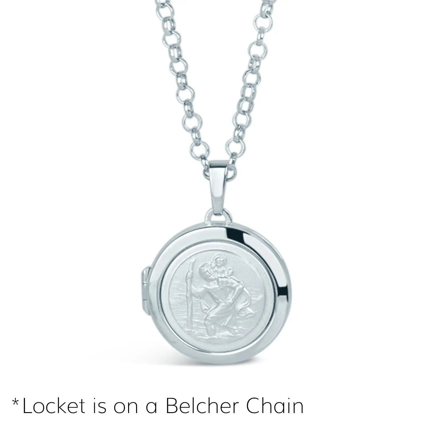 close up image of st christopher locket in silver showing the front of the locket on a white background