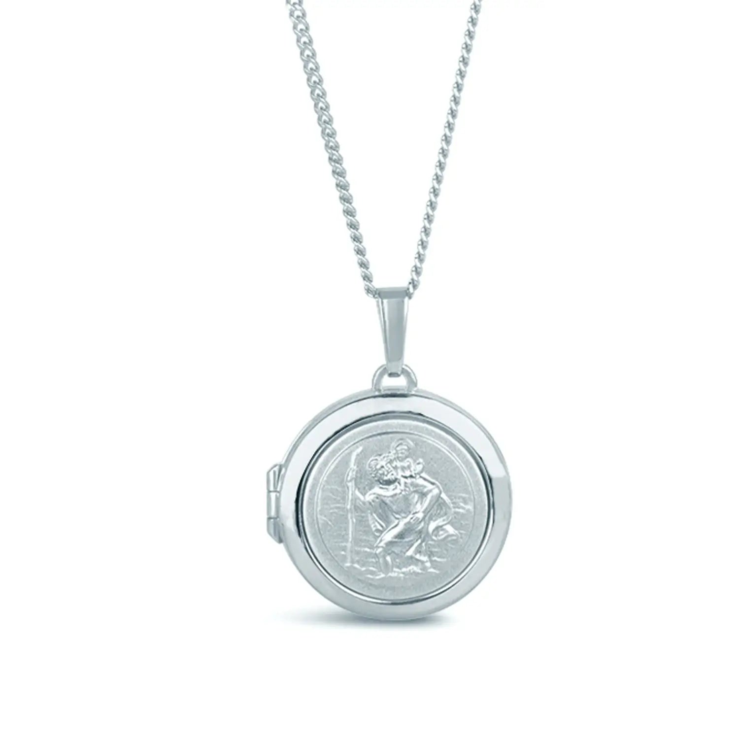 image of st christopher locket in silver showing the front of the locket on a white background