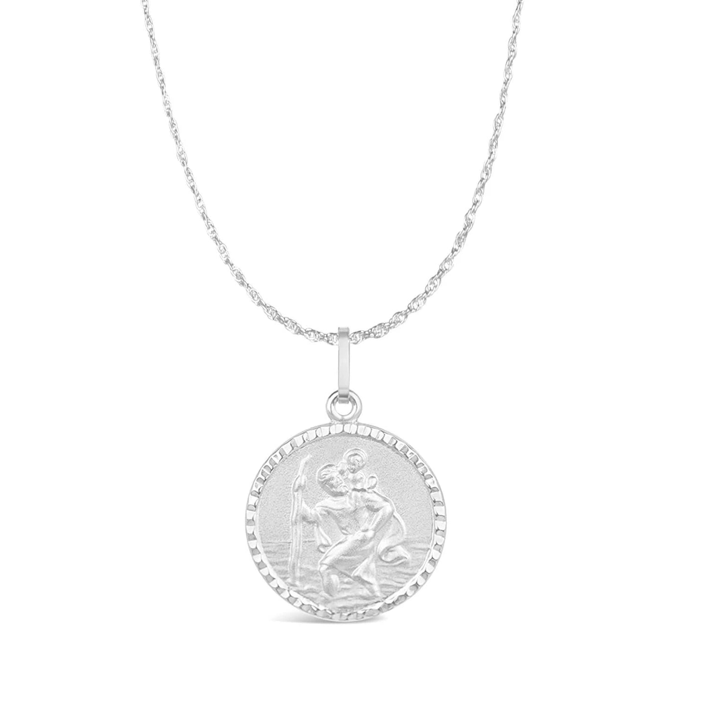 image of a round st Christopher necklace in silver on a rope chain, against a white background