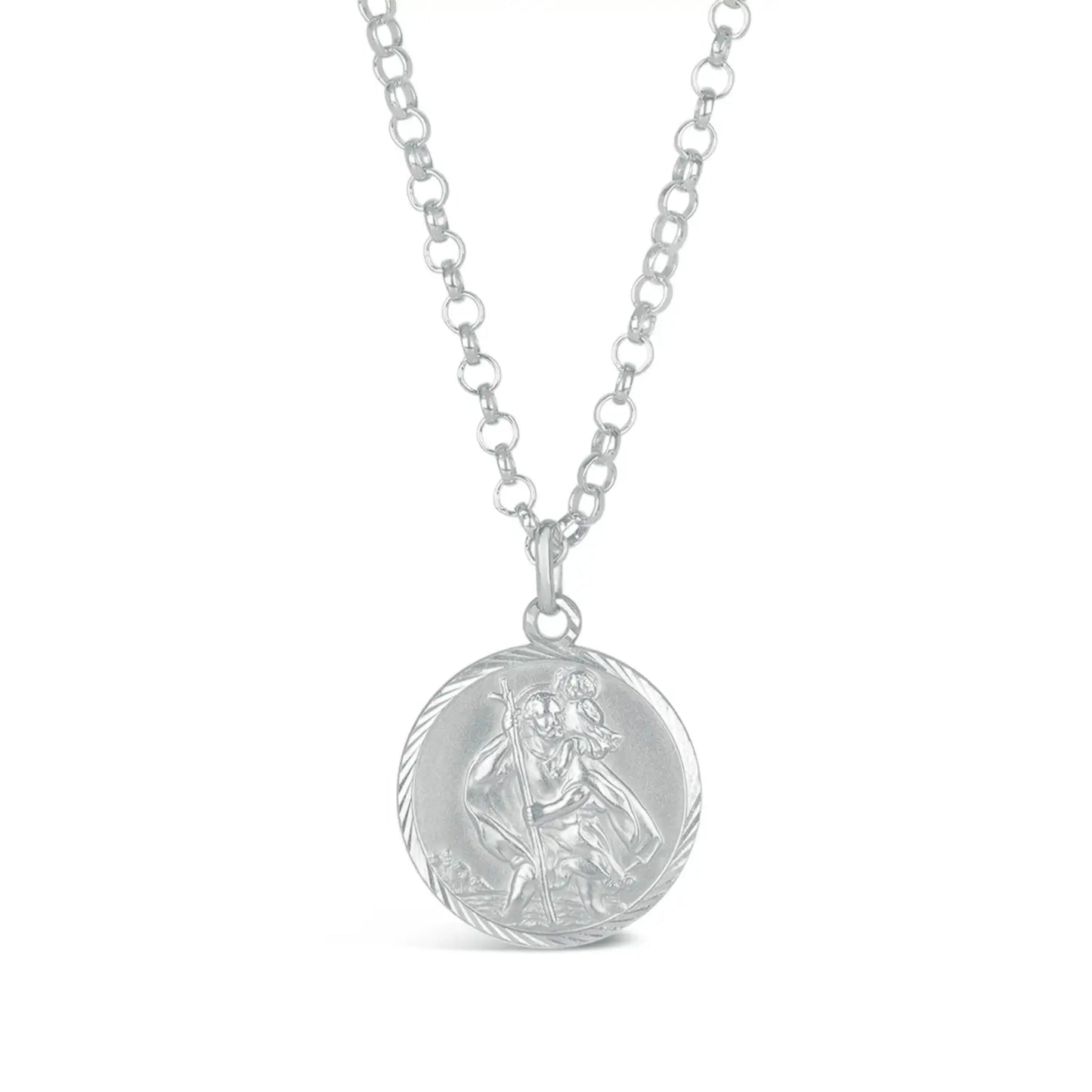 Silver st Christopher necklace with a round pendant on a white background