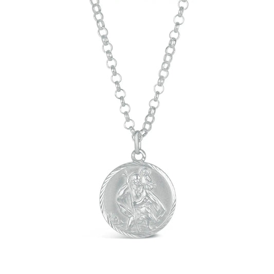 Silver st Christopher necklace with a round pendant and heavy belcher chain on a white background