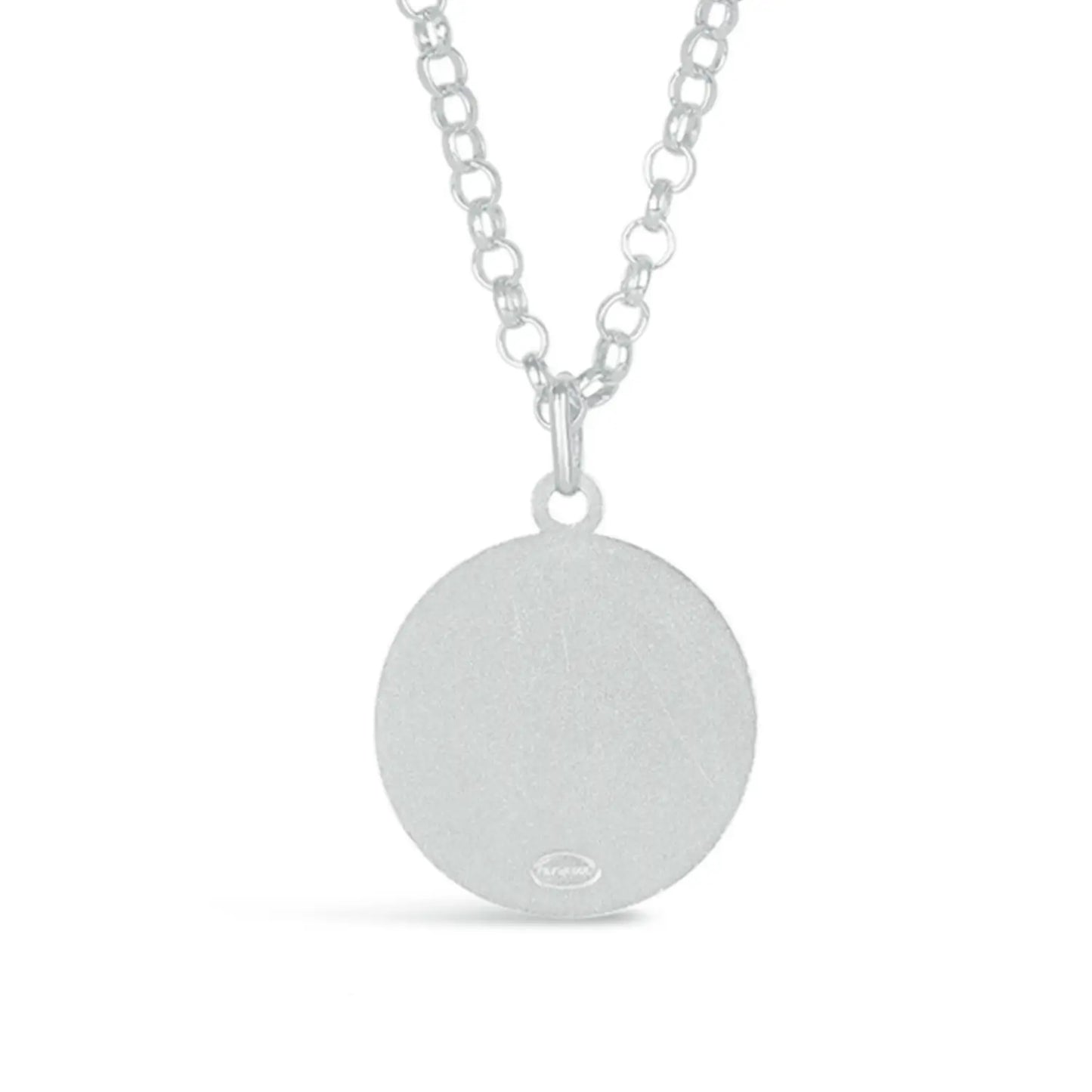 back view of a st Christopher Silver necklace with a round pendant on a white background