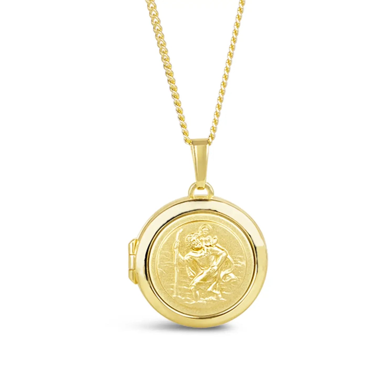 image of st christopher locket in gold showing the front of the locket on a white background