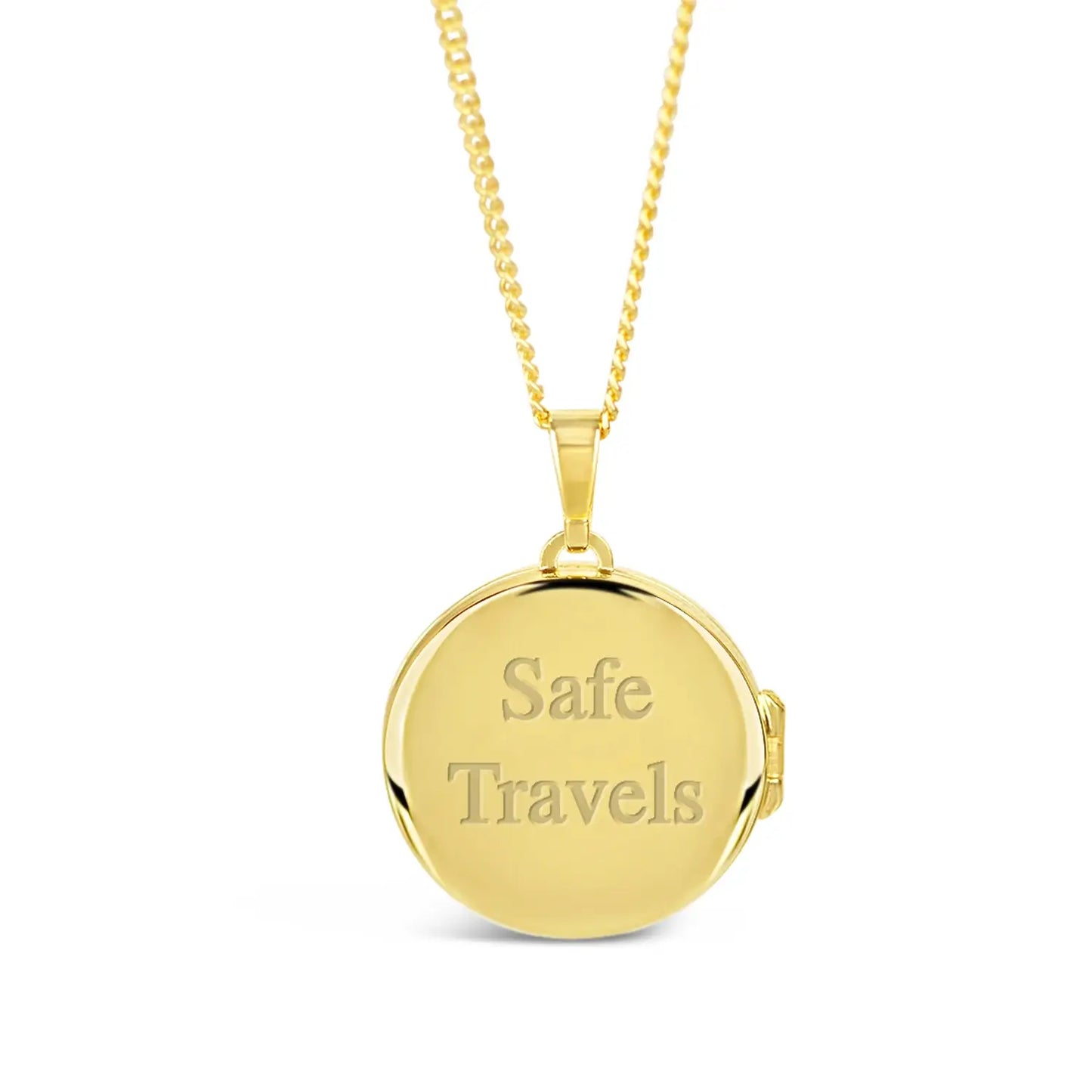 image of st christopher locket in gold showing the back of the locket with an engraved message on a white background.
