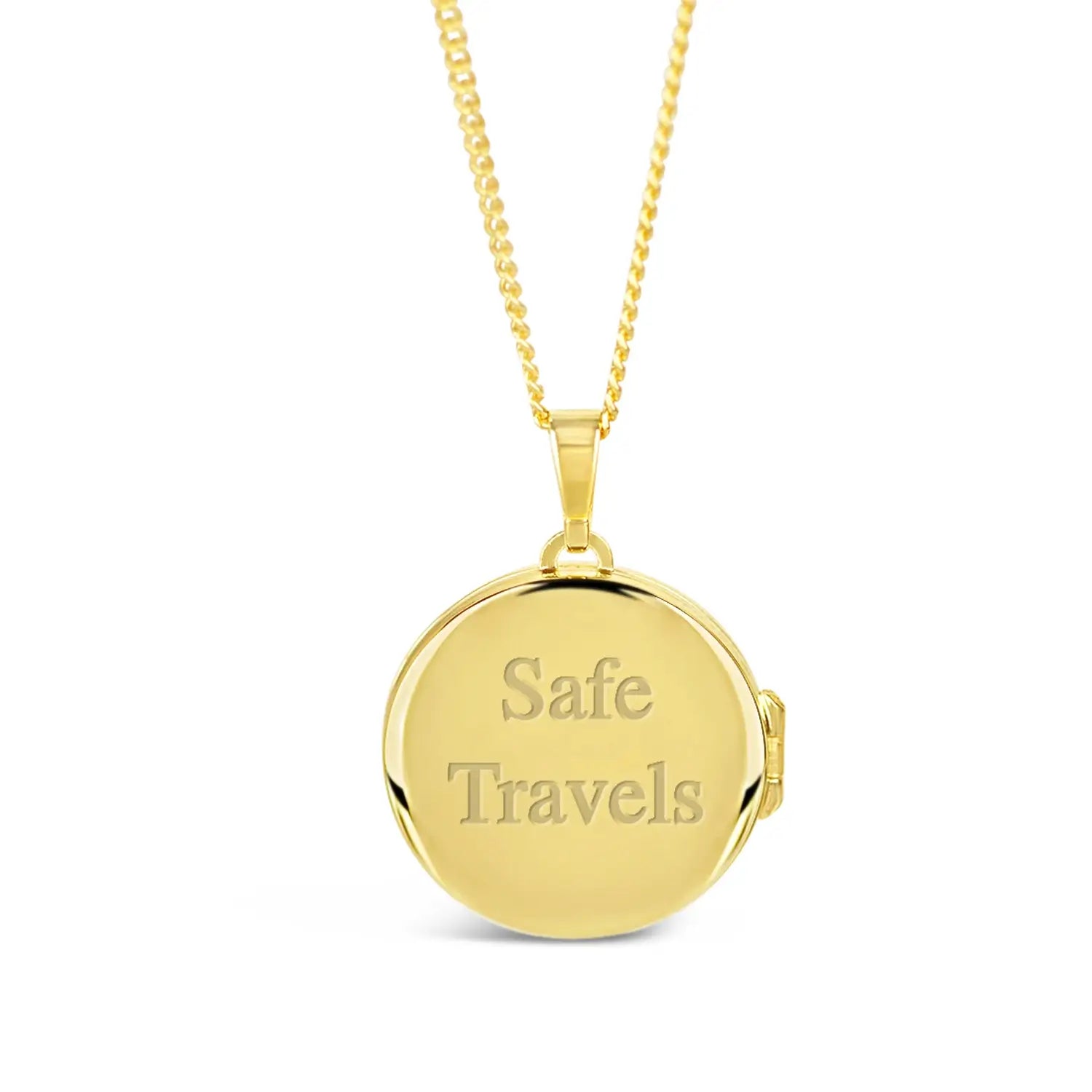 image of st christopher locket in gold showing the back of the locket with an engraved message on a white background.