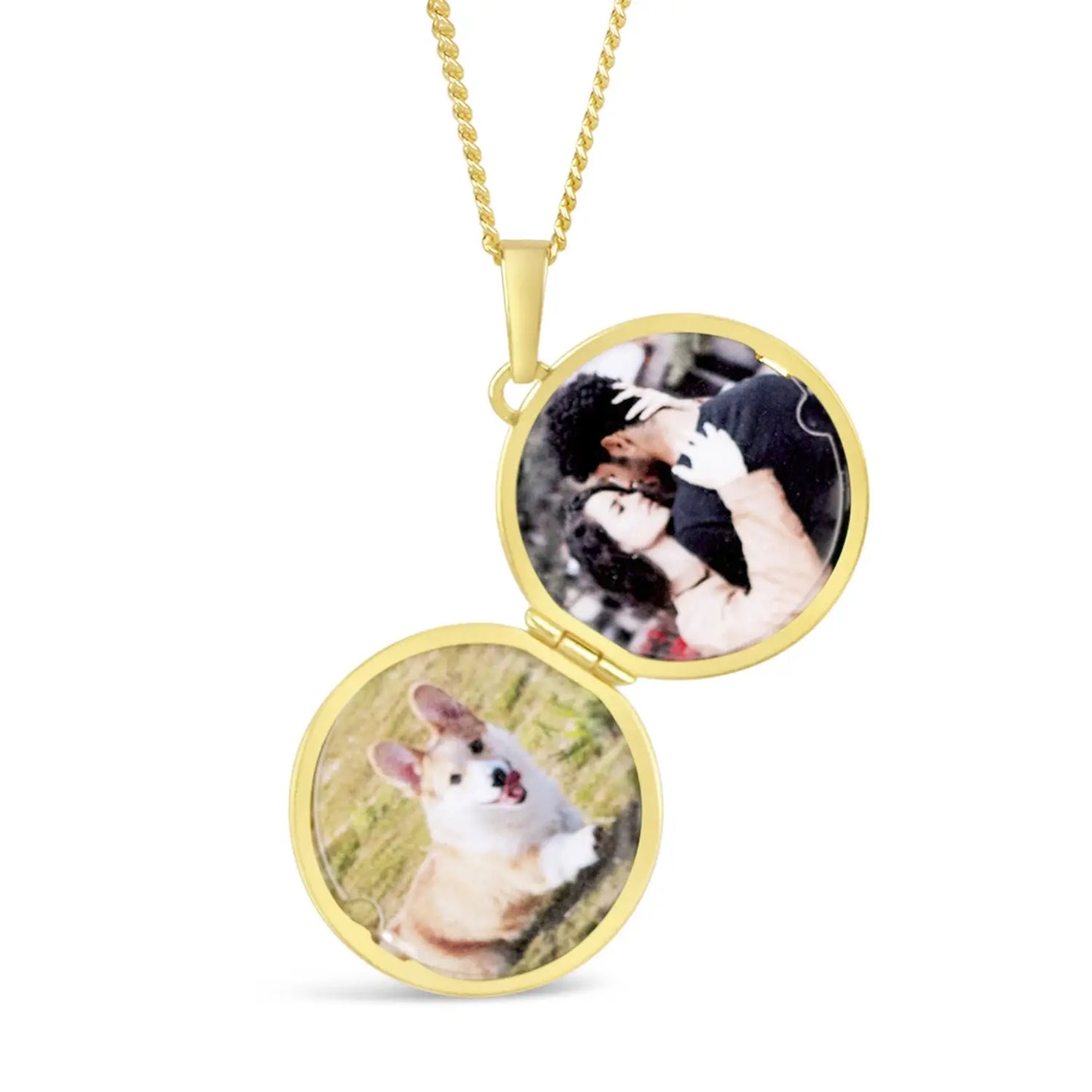 image of st christopher locket in gold showing the inside of the locket on a white background