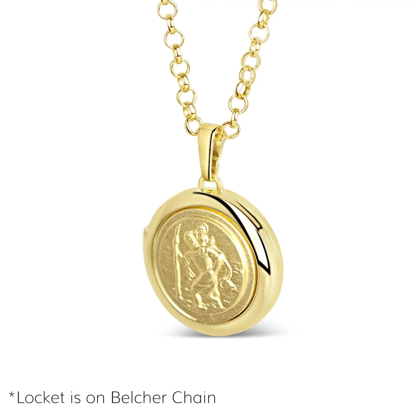 image of st christopher locket in gold showing the front of the locket hanging on a belcher chain on a white background