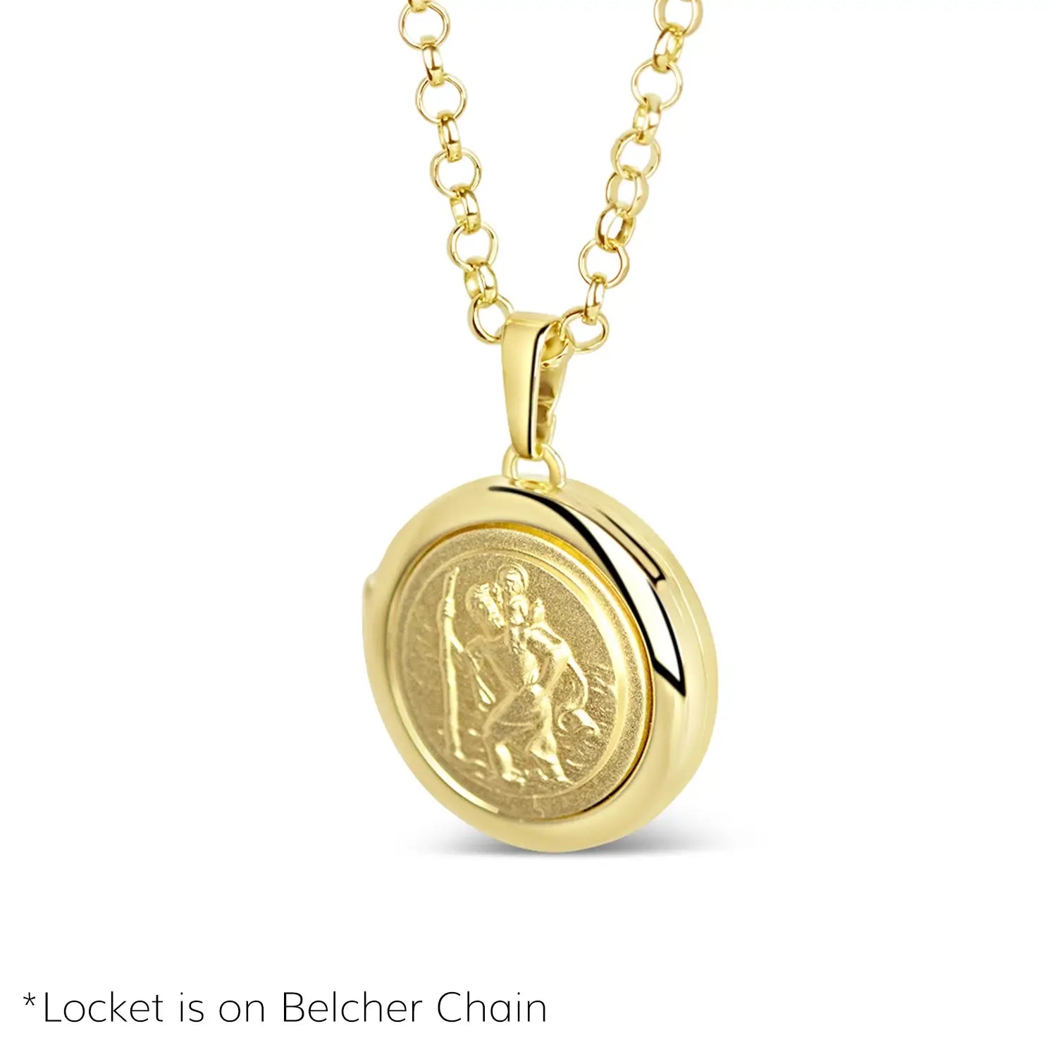 image of st christopher locket in gold showing the front of the locket hanging on a belcher chain on a white background