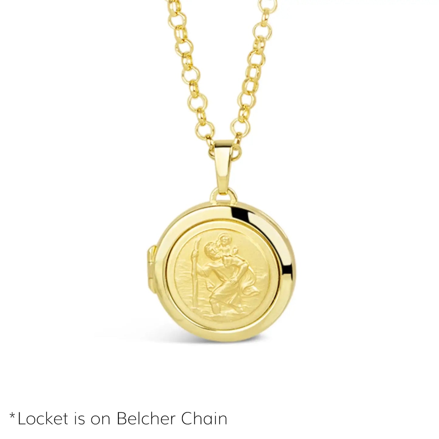 image of st christopher locket in gold showing the front of the locket hanging on a belcher chain on a white background