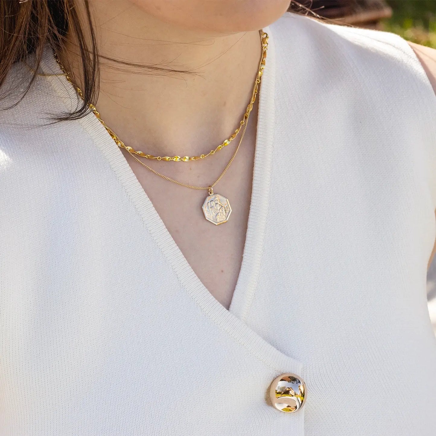 Large St Christopher Necklace Solid Gold + Engraving
