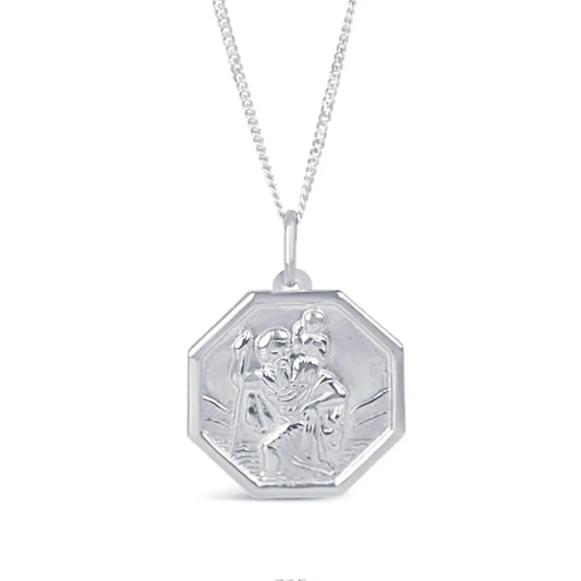 Men's large St Christopher necklace in white gold with an engraved pendant, displayed on a chain on a white background