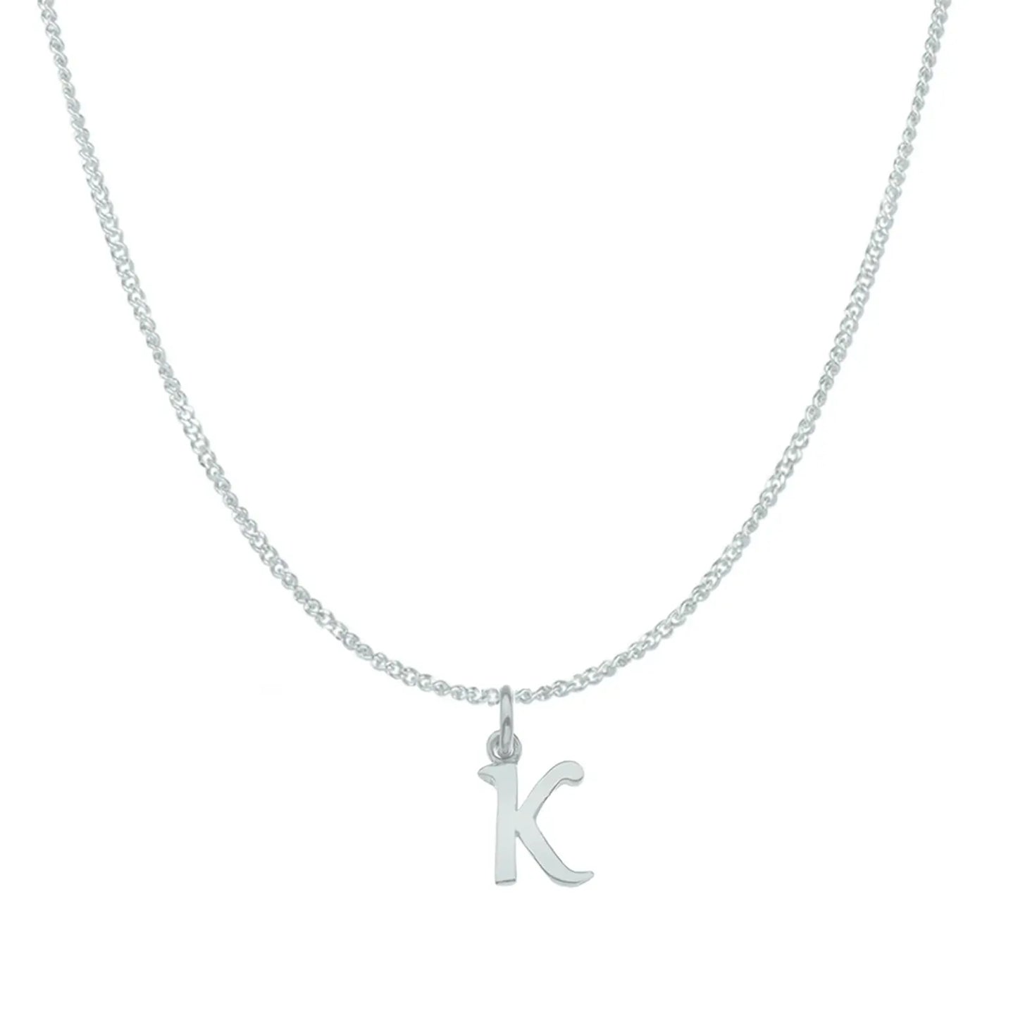 white gold necklace with a 'K' pendant on a white background