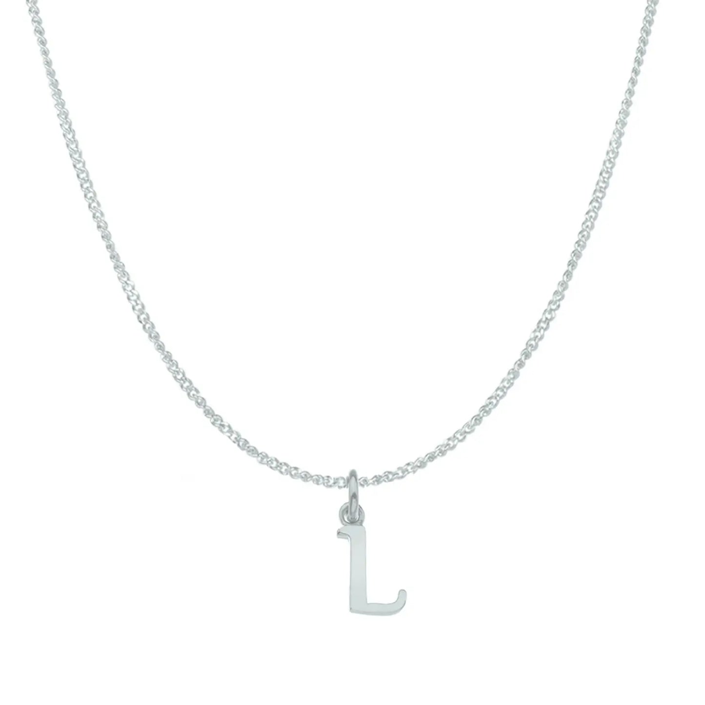 white gold necklace with a 'L' pendant on a white background
