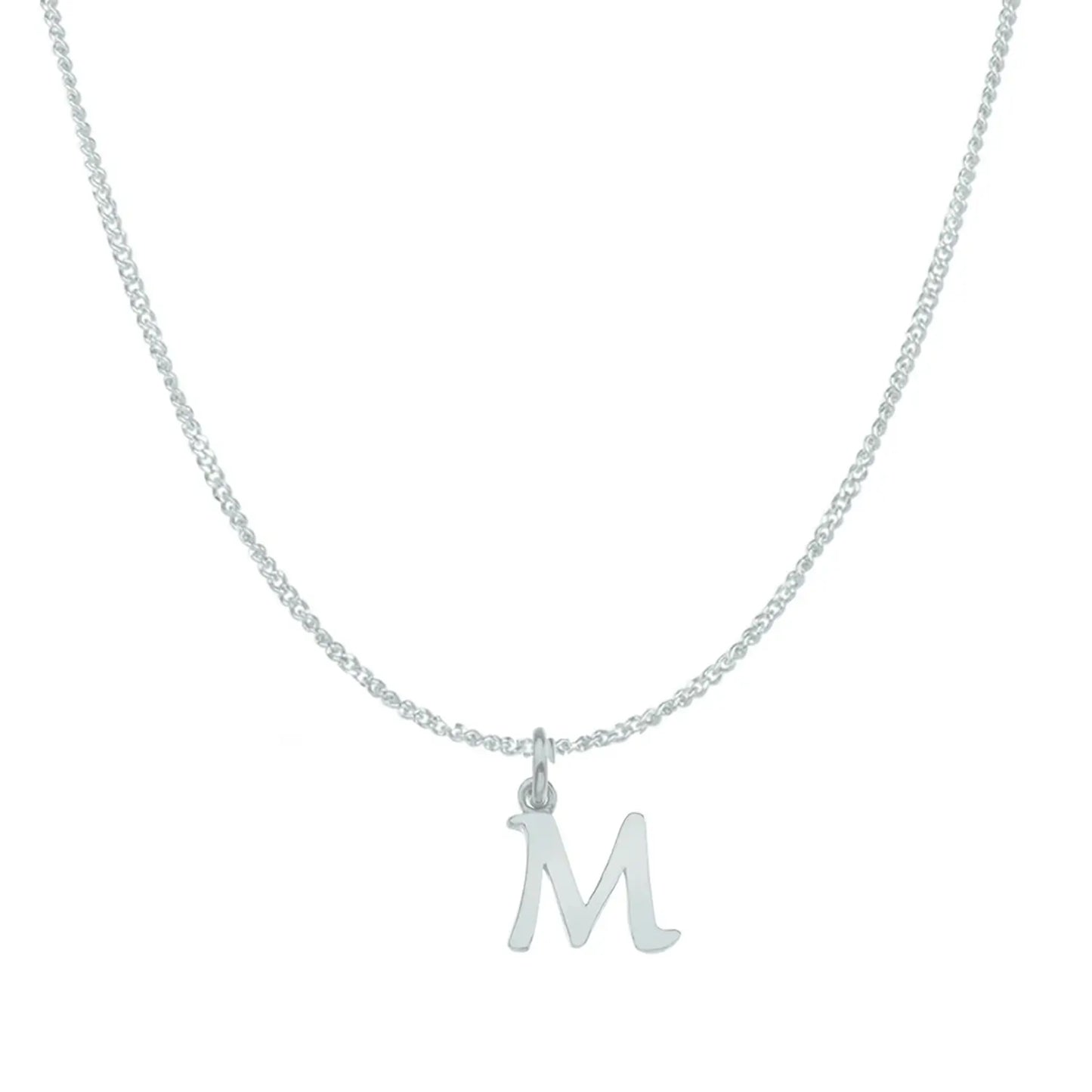 white gold necklace with a 'M' pendant on a white background
