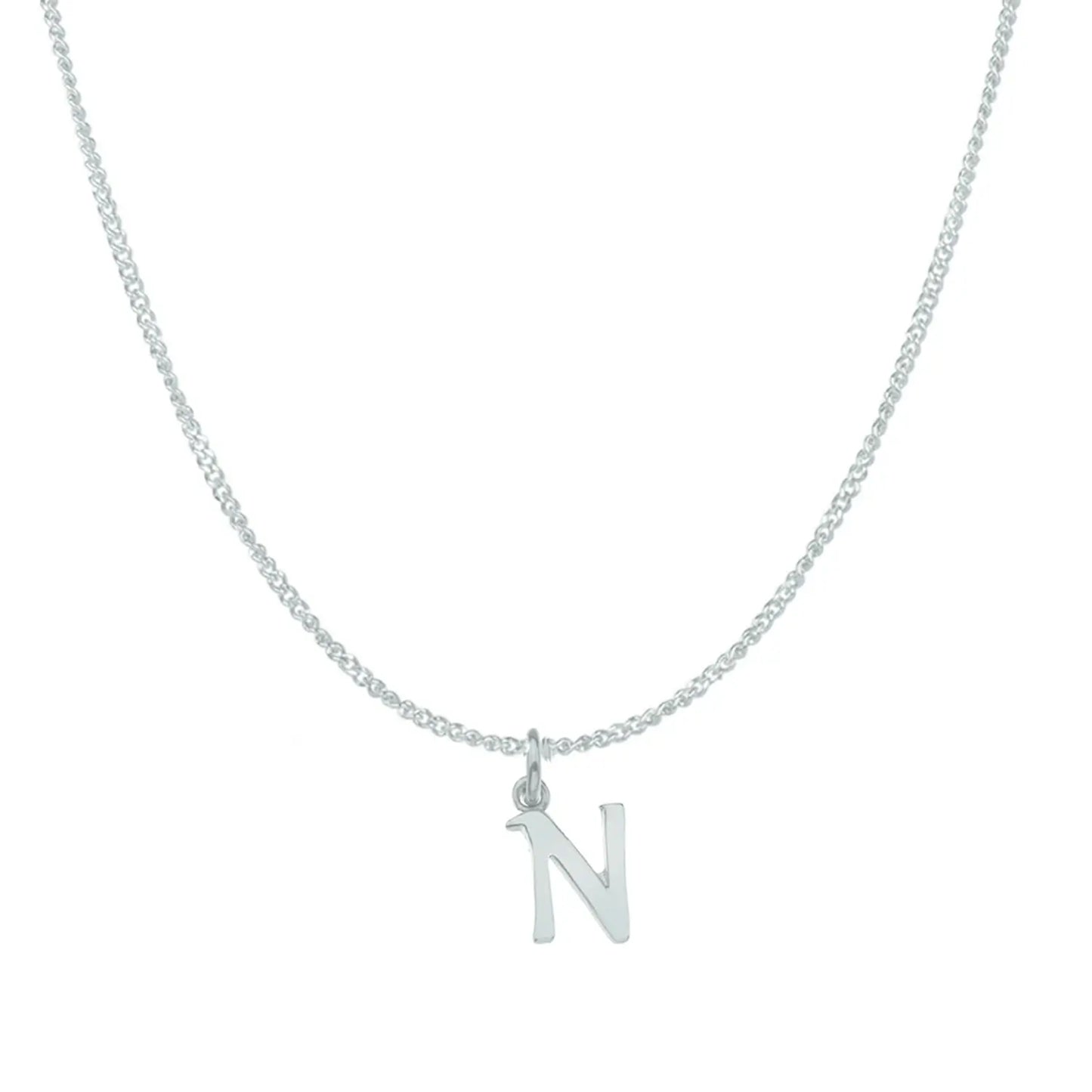 white gold necklace with a 'N' pendant on a white background