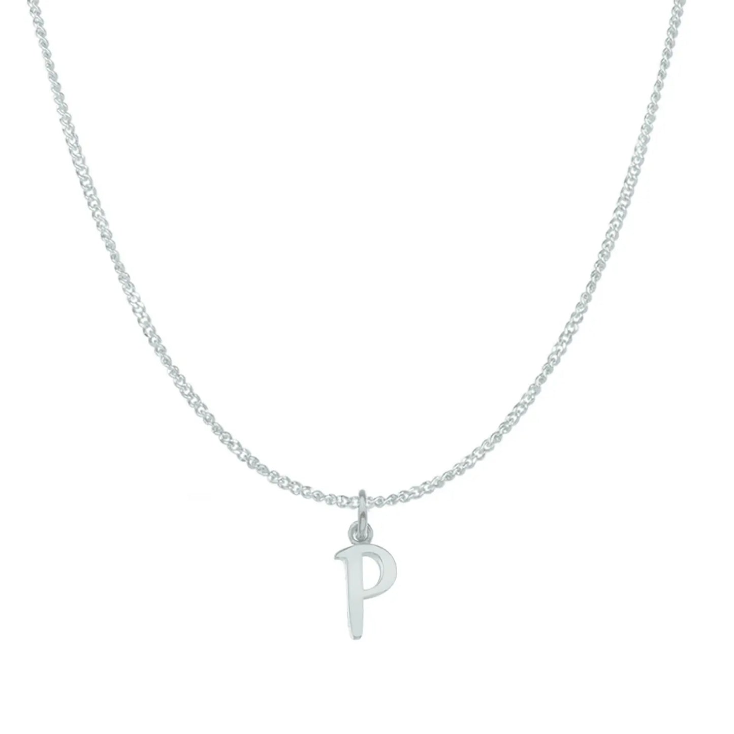 white gold necklace with a 'P' pendant on a white background