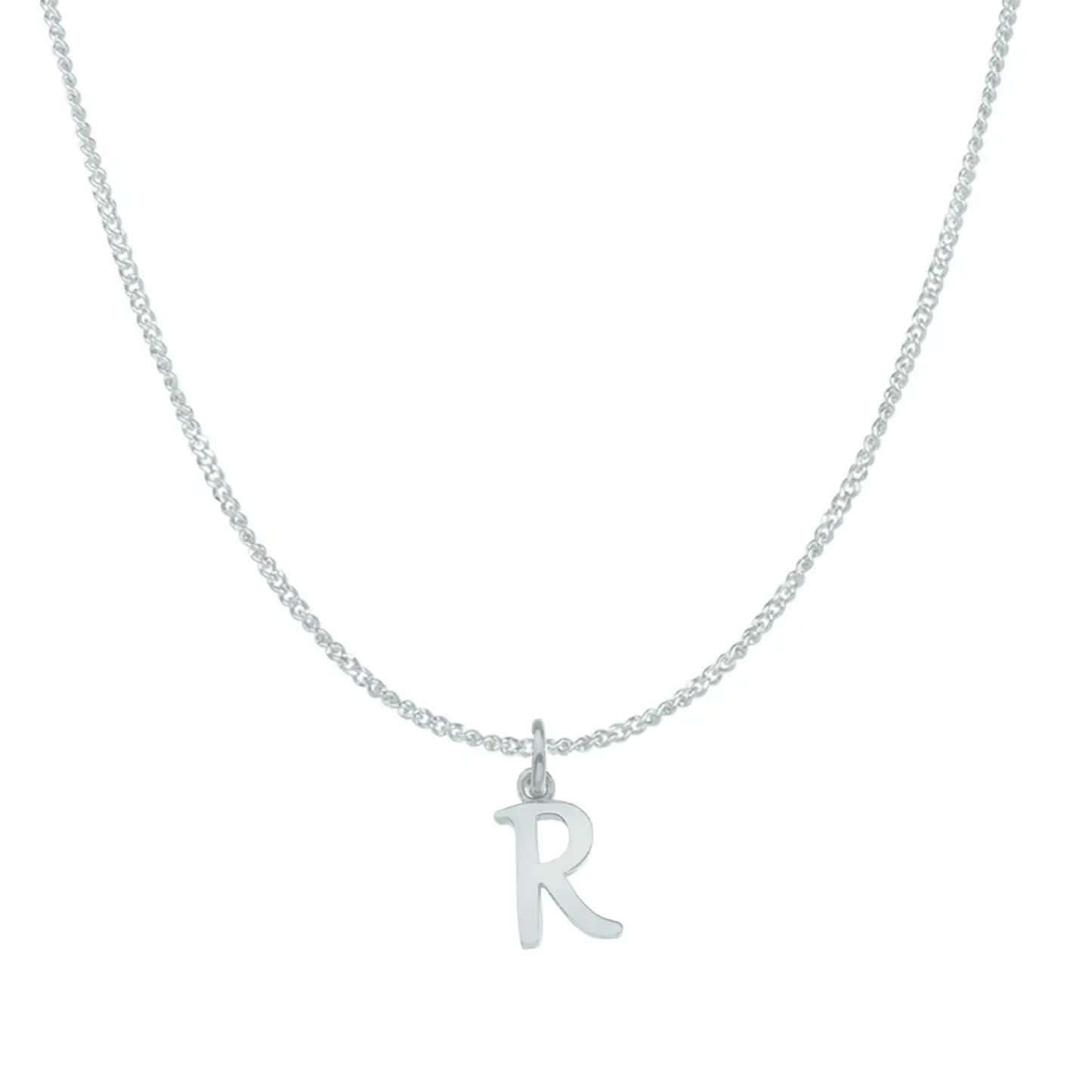 white gold necklace with a 'R' pendant on a white background