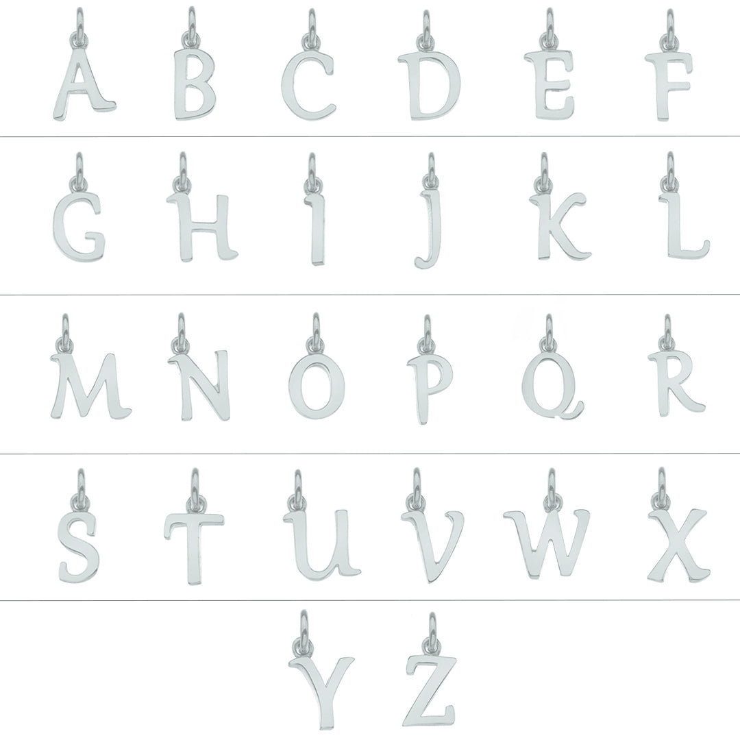 white gold letter pendants arranged in a grid on a white background