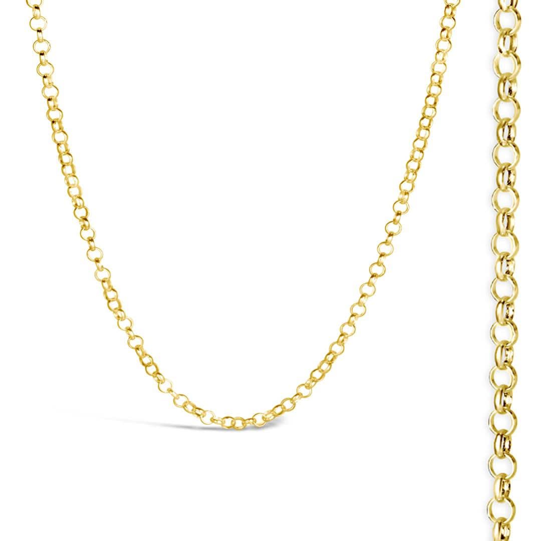 Close-up of Gold Belcher Chain Necklace with Round Interlocking Link on a white background