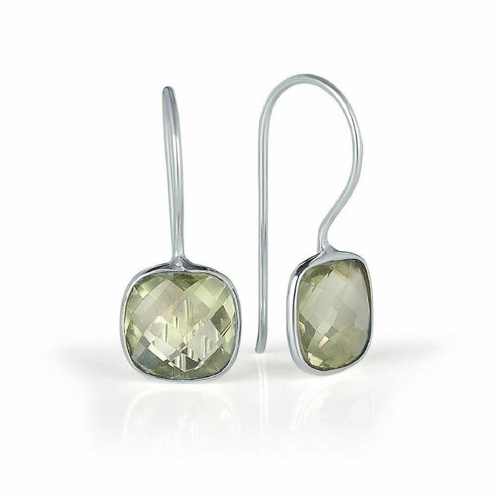 green amethyst earrings in silver on a white background