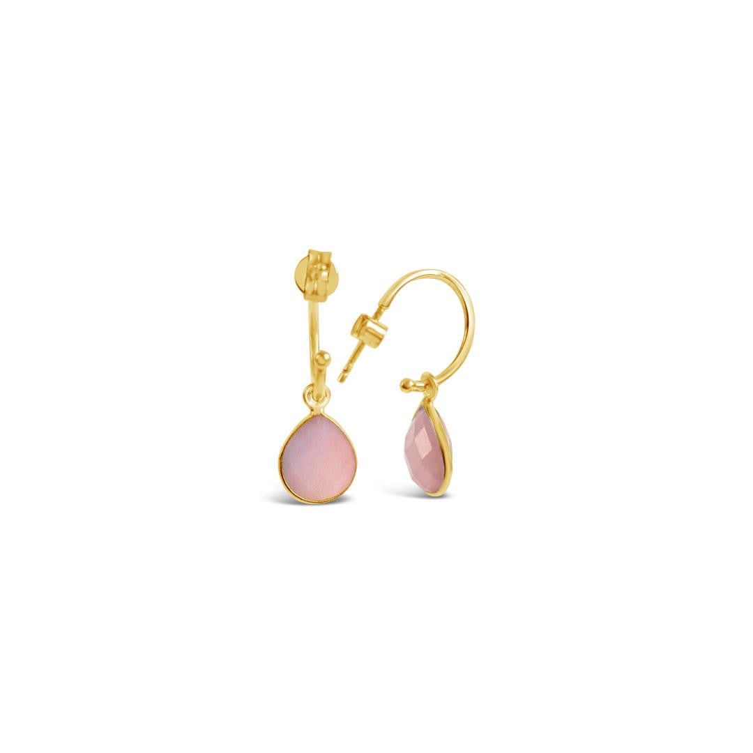 pink opal drop hoop earrings in gold on a white background