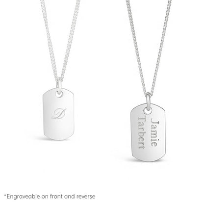 men's dog tag necklace in silver engraved with message on front and back 