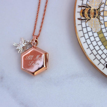 engraved bee locket in rose gold with silver bee charm