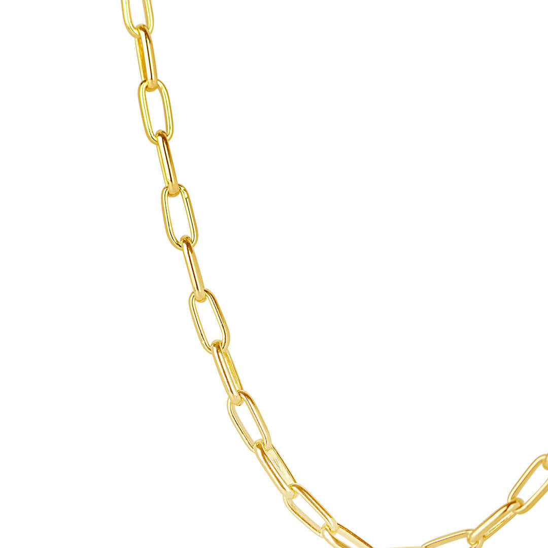 close up of paperclip chain necklace on a white background
