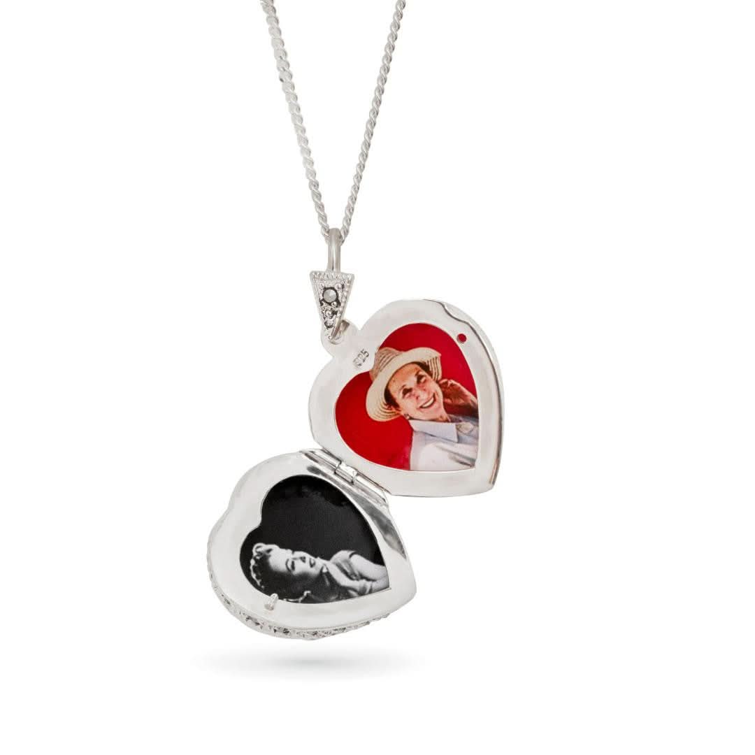 Lily Blanche silver vintage heart locket with garnet gemstone and photos