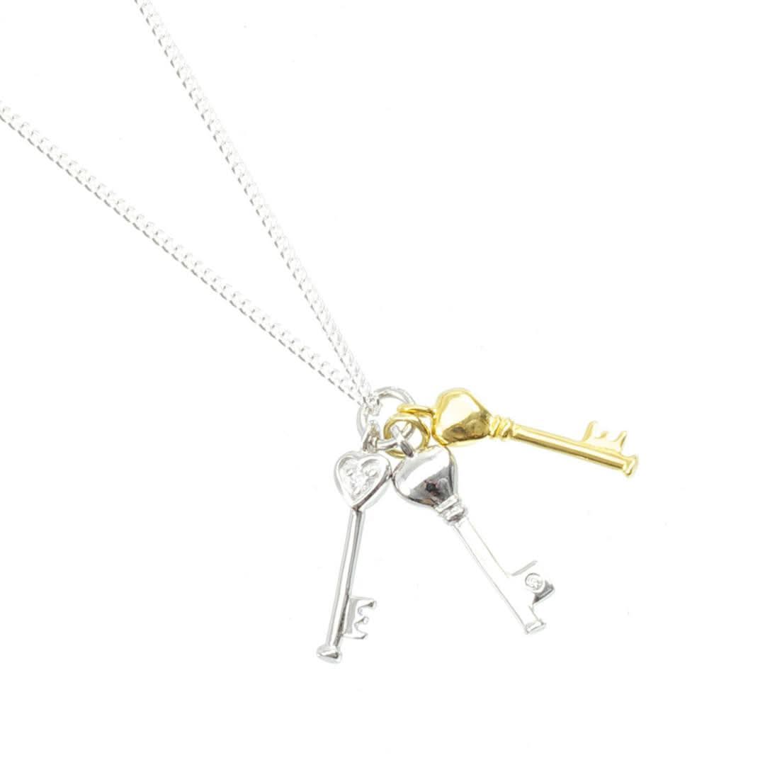 bunch of key pendants with silver chain on a white background