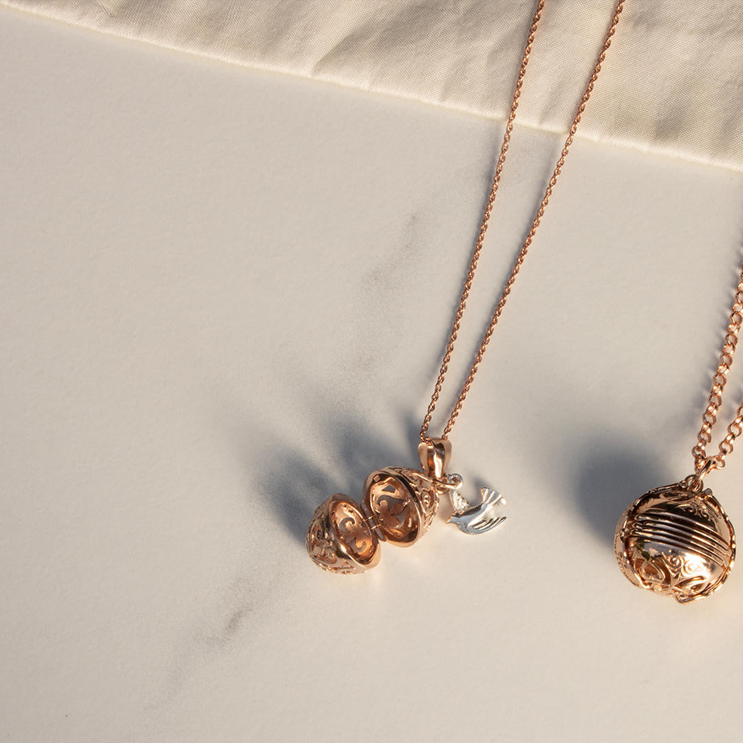 rose gold rope chain attached to bird locket  