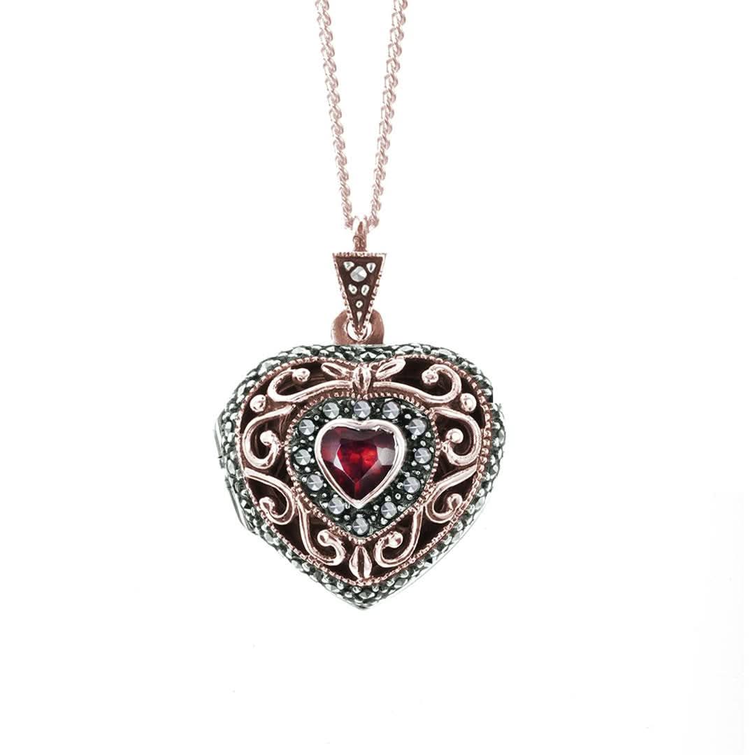 Lily Blanche rose gold vintage heart locket with garnet gemstone