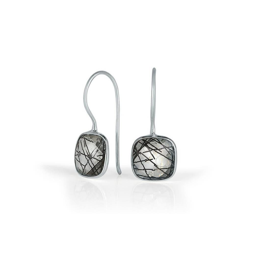 rutilated quartz earrings in silver on a white background