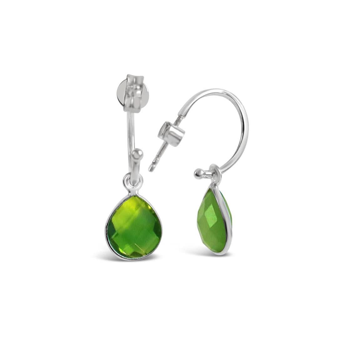 peridot drop hoop earrings in silver on a white background