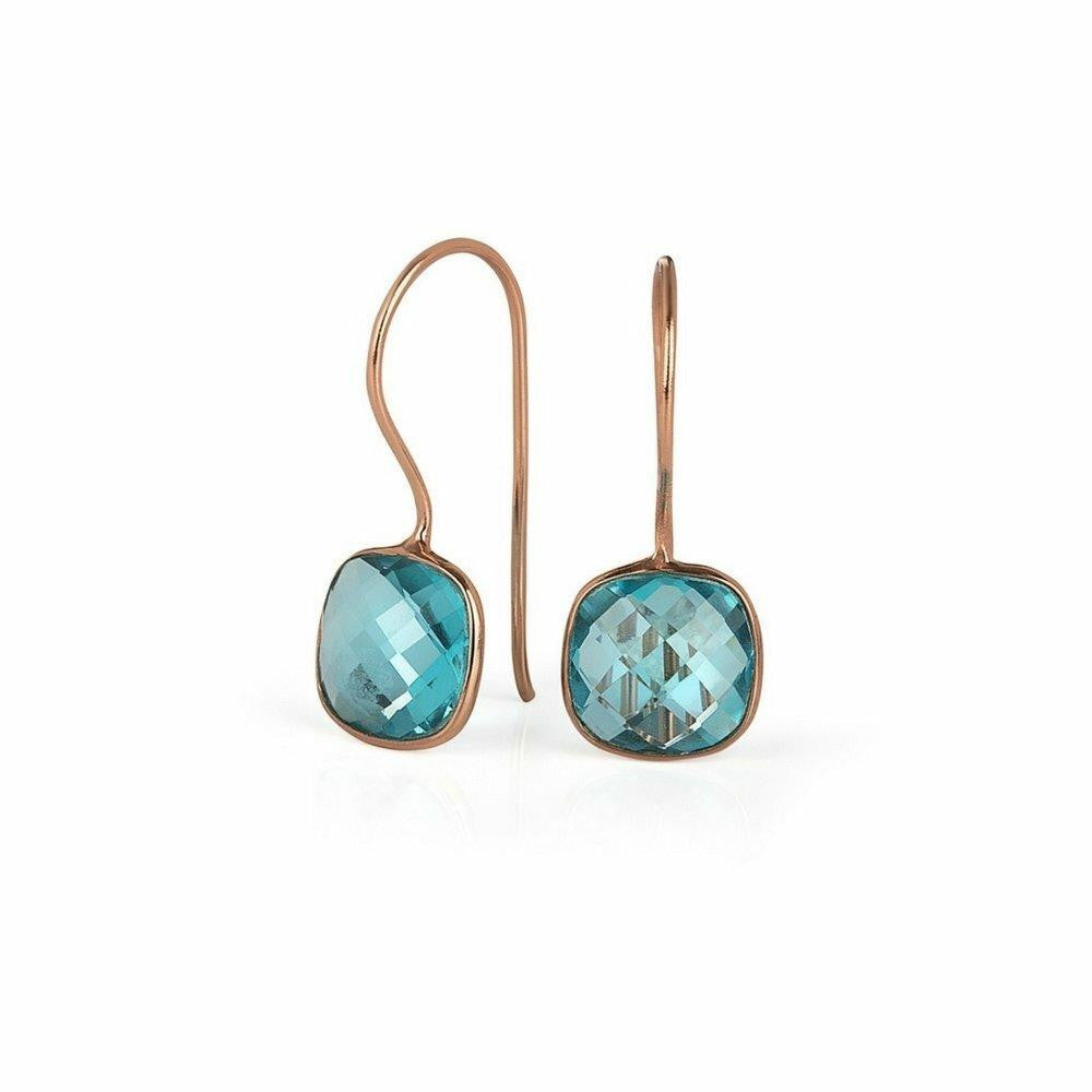 blue topaz earrings in rose gold on a white background