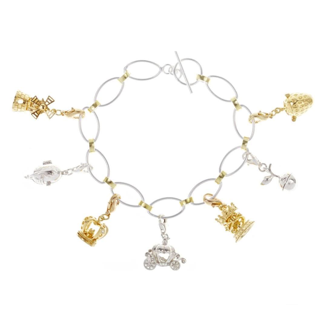 Link charm bracelet with multiple charms attached