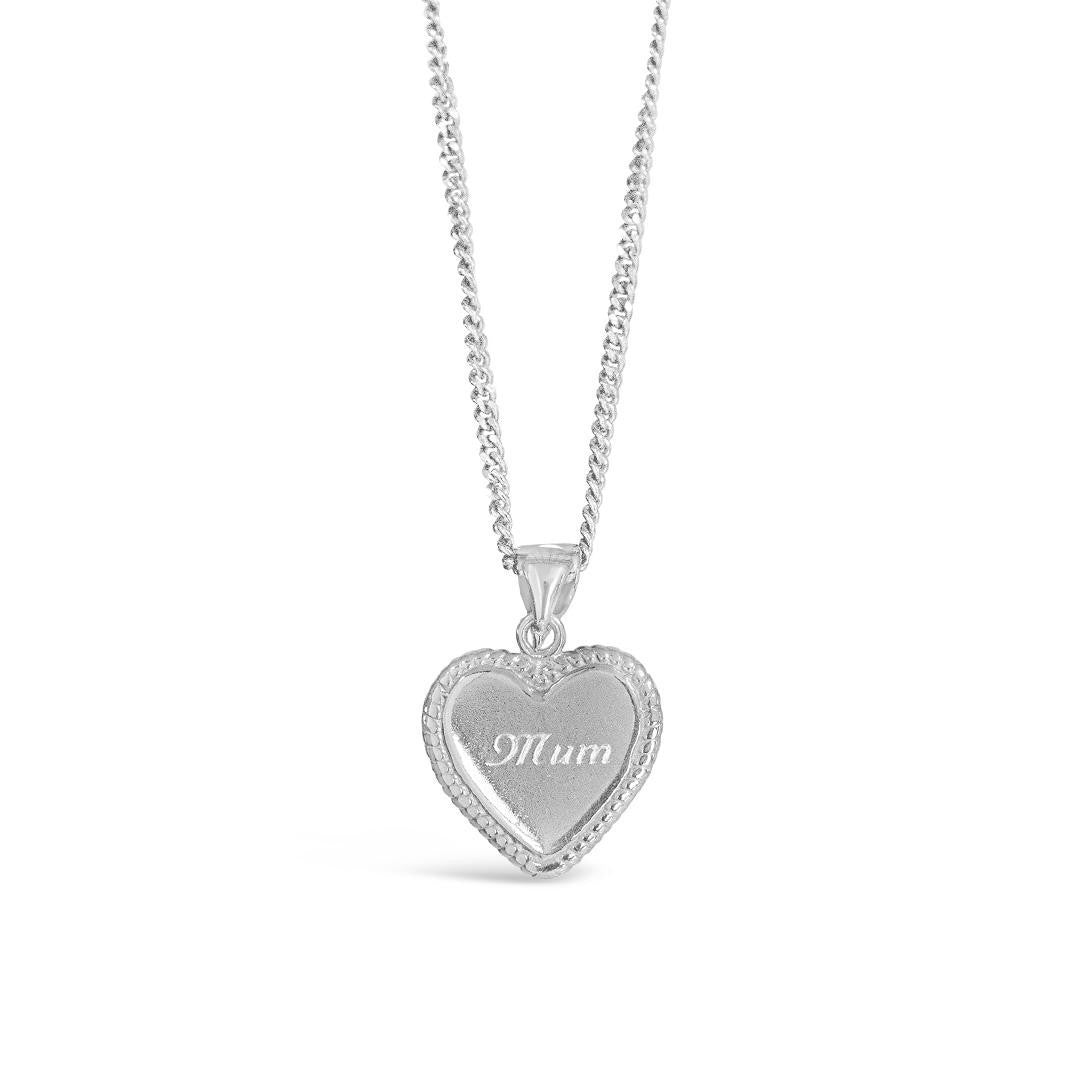 heart locket engraved with the word mum displayed on a white background