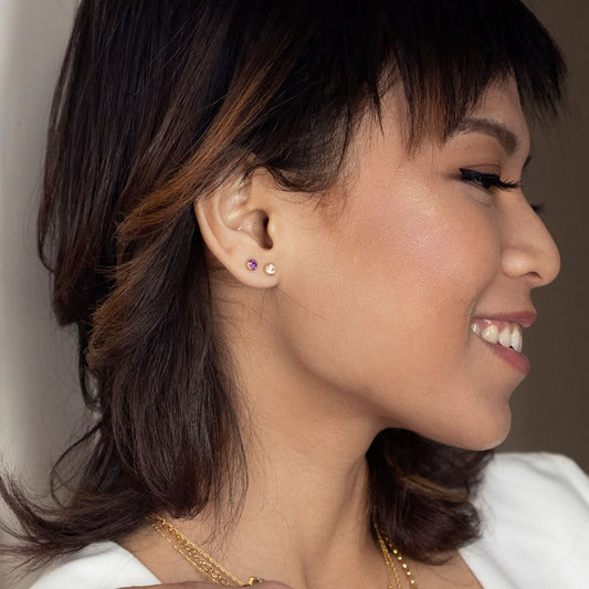 Close up model image wearing white quartz mini stud in rose gold