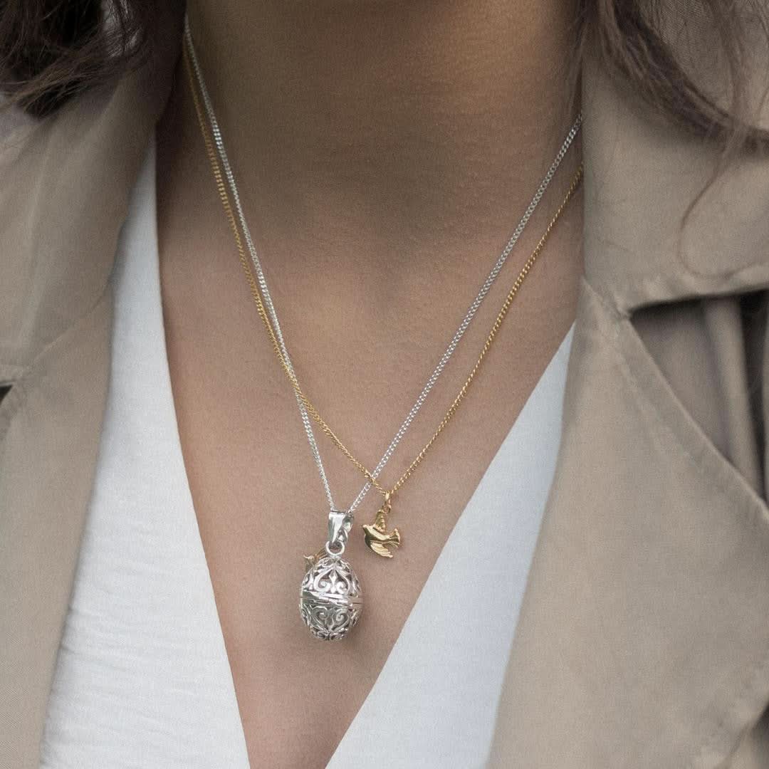 model wearing bird locket in silver with gold bird charm