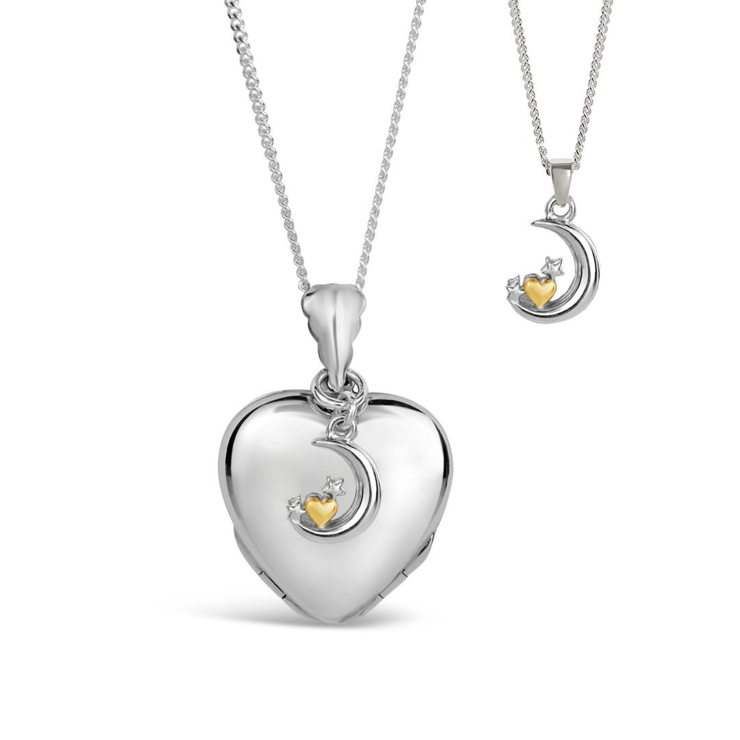 crescent moon and stars charm attached to four photo heart locket
