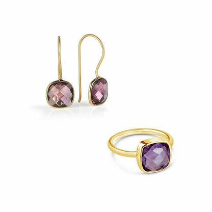 purple amethyst earrings in gold with matching ring on a white background