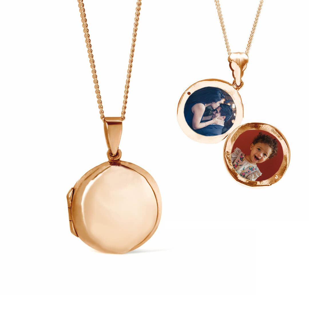 men's round locket necklace in rose gold with photos inside 