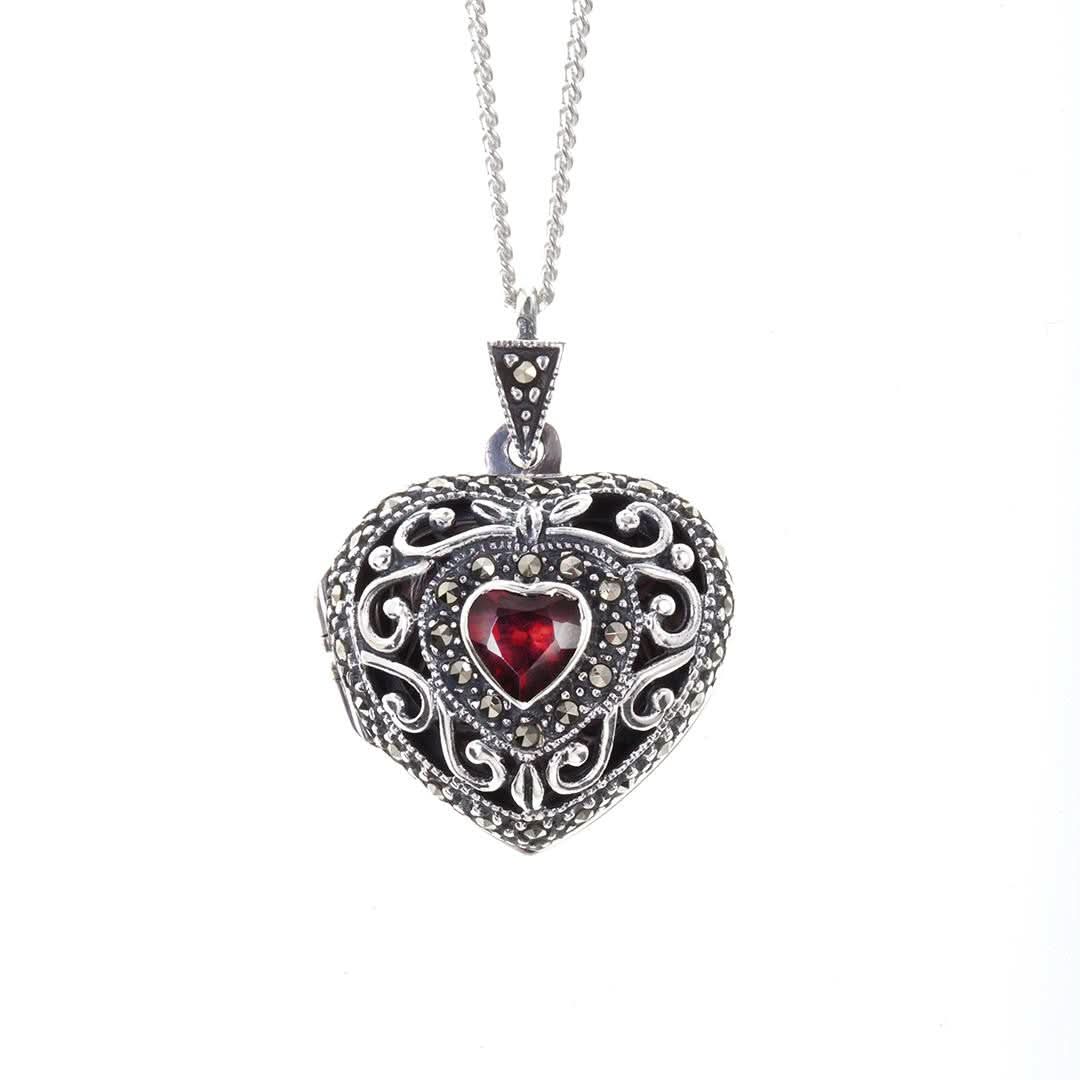 Lily Blanche silver vintage heart locket with garnet gemstone