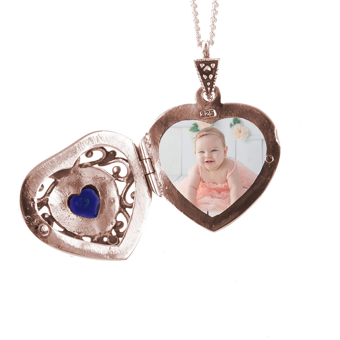 Sapphire Vintage Heart Locket | Rose Gold