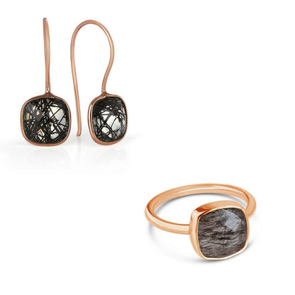rutilated quartz cocktail ring in rose gold with matching earrings on a white background