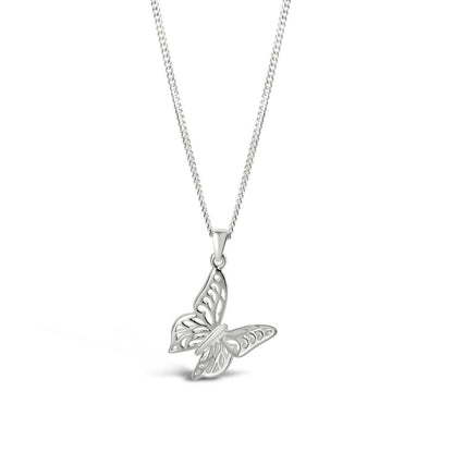 butterfly pendant in silver with a chain on a white background